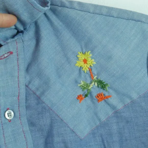 Vintage 70s Embroidered Shirt XS S Mushroom Western THRASHED Hippy Farmer - Picture 4 of 10